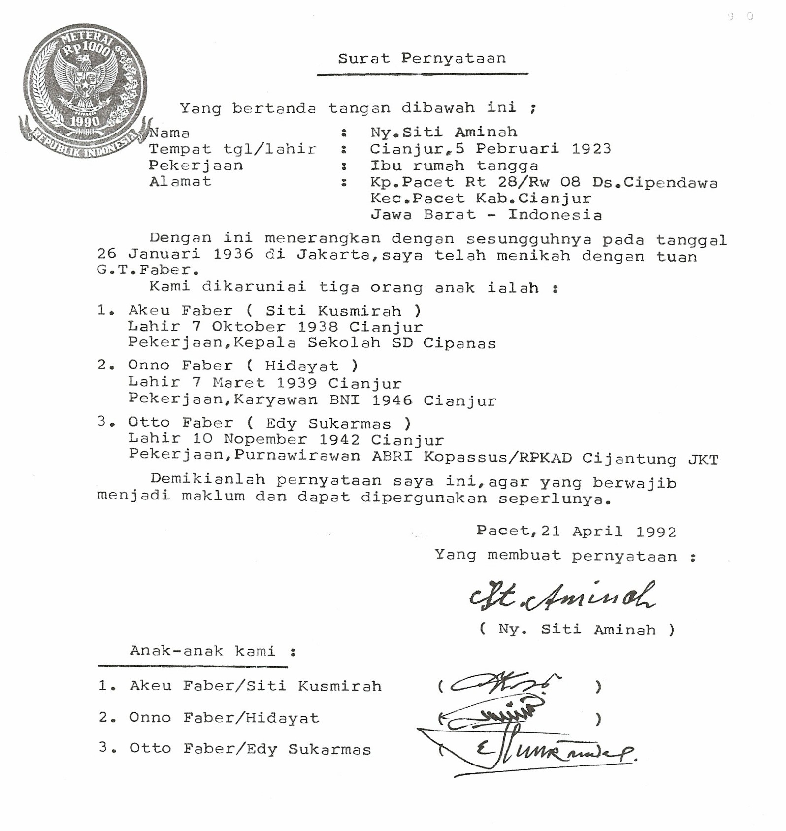 De geboortedata van de kinderen van Gerard en Siti Aminah ... ( in 1992 opgesteld document )
